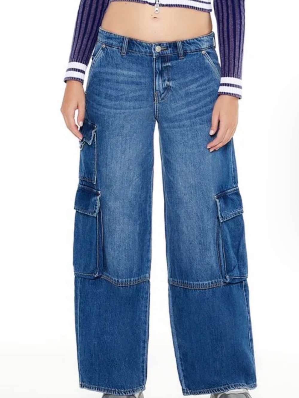 Forever 21 Blue Wide-Leg Cargo Patch Jeans